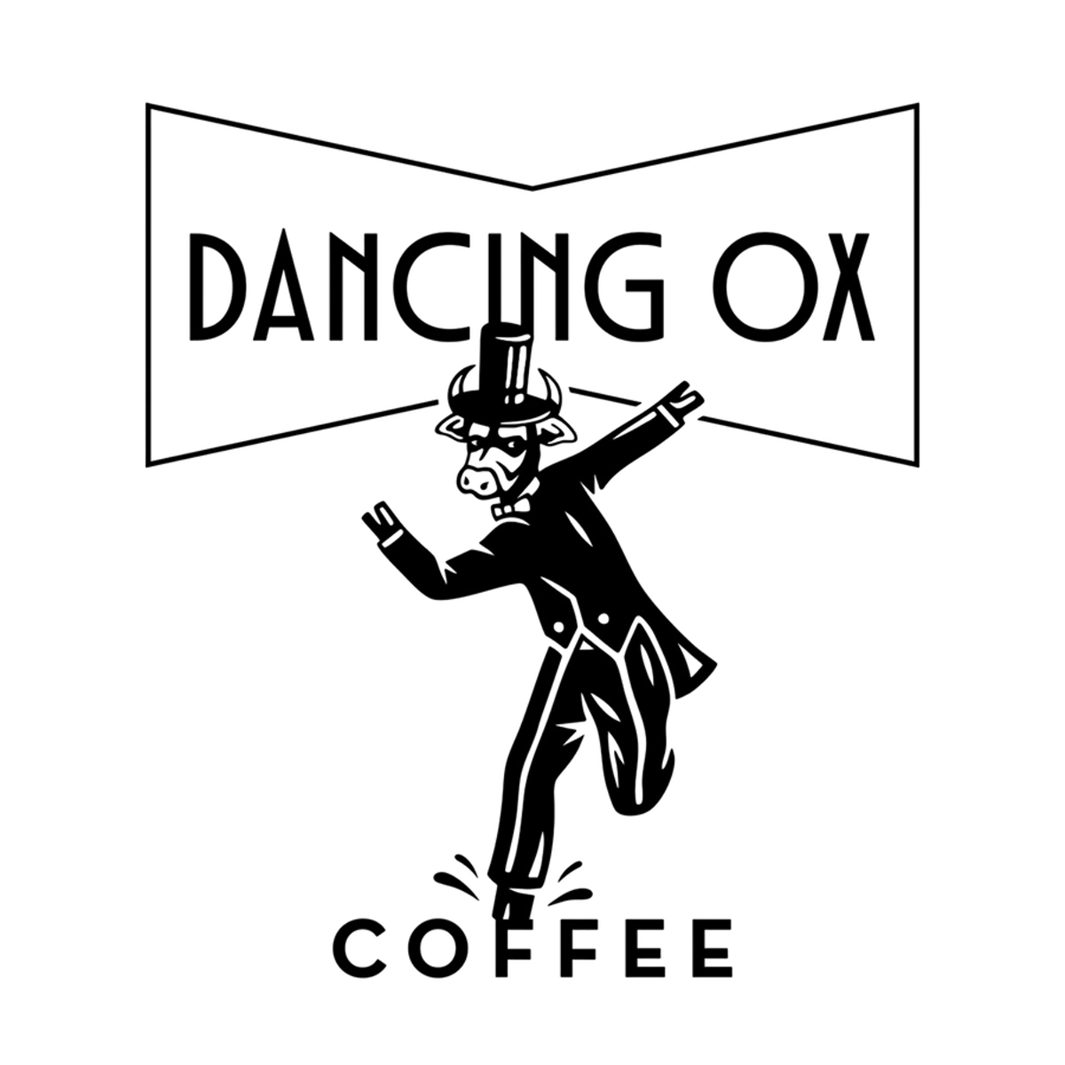 Logo of 'Dancing Ox Coffee' with a stylized illustration of a ox in a top hat and tail suit.